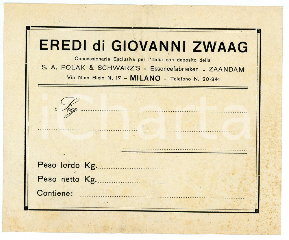 Oggetto da collezione cartaceo 1940 ca MILANO Eredi Giovanni ZWAAG Concessionari POLAK E SCHWARZ Etichetta 3 1