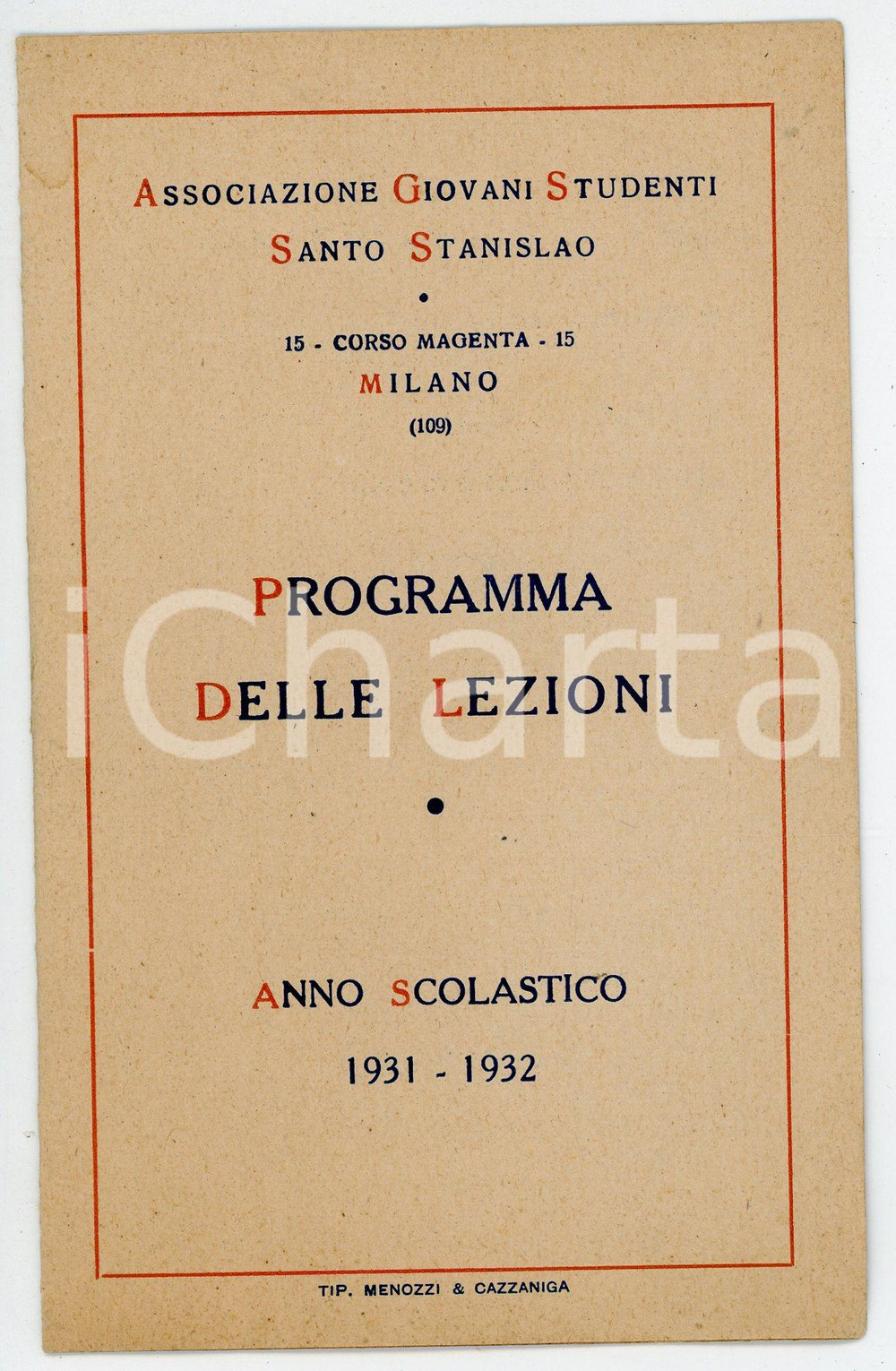 Materiale pubblicitario d’epoca 1931 MILANO Ass. Giovani Studenti Santo Stanislao  Programma delle lezioni 1 1