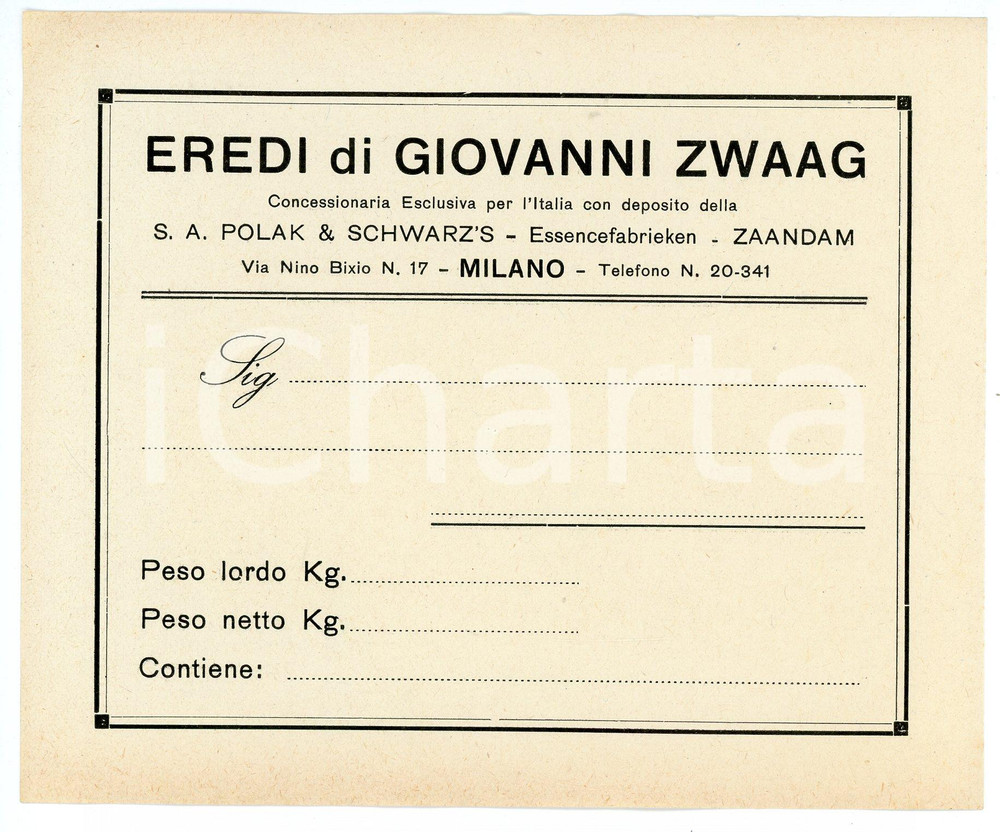 Oggetto da collezione cartaceo 1940 ca MILANO Eredi Giovanni ZWAAG Concessionari POLAK E SCHWARZ Etichetta 5 1
