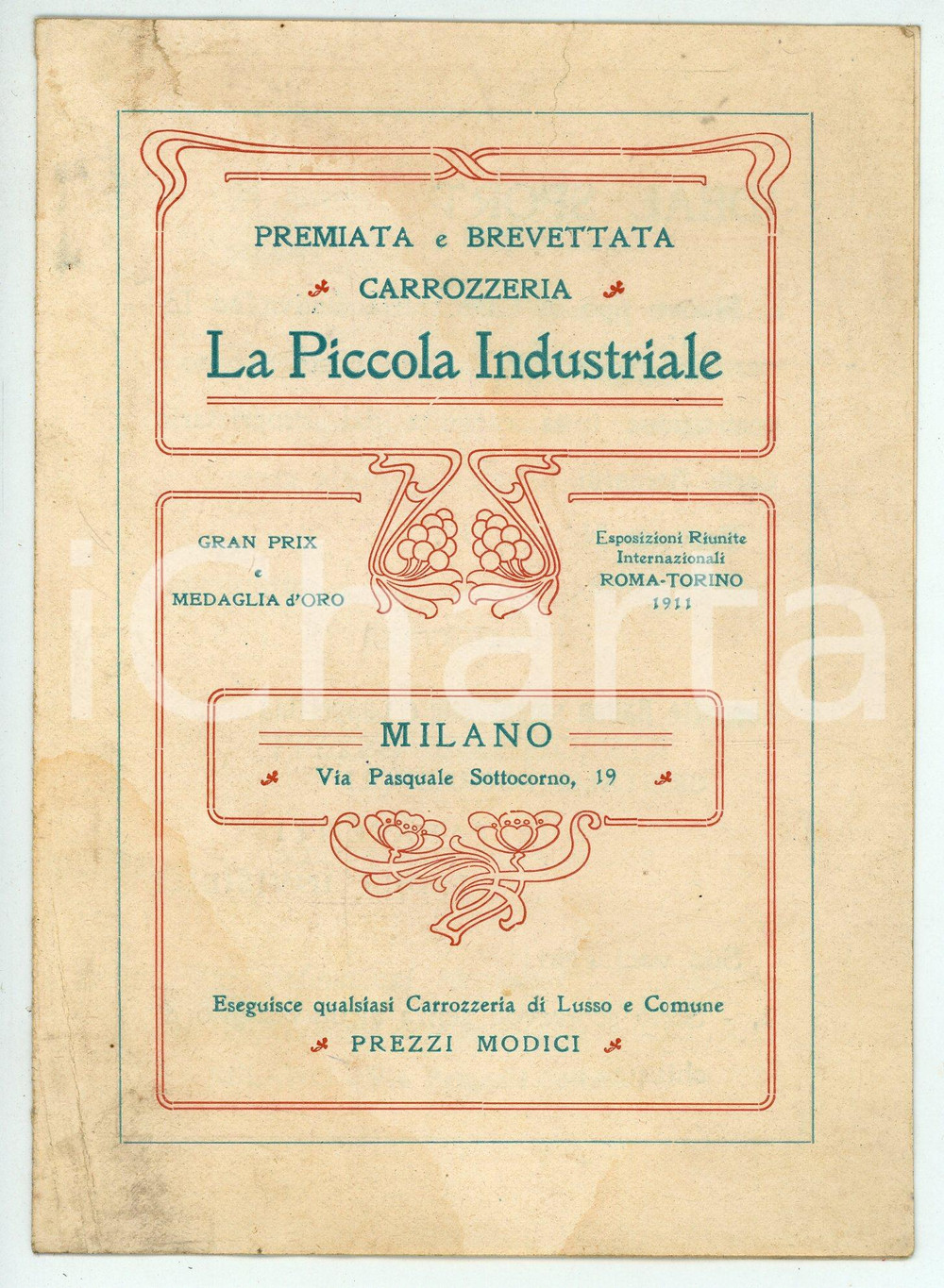 Materiale pubblicitario d’epoca 1920 ca MILANO Via Sottocorno 19 Carrozzeria LA PICCOLA INDUSTRIALE Pieghevole 1