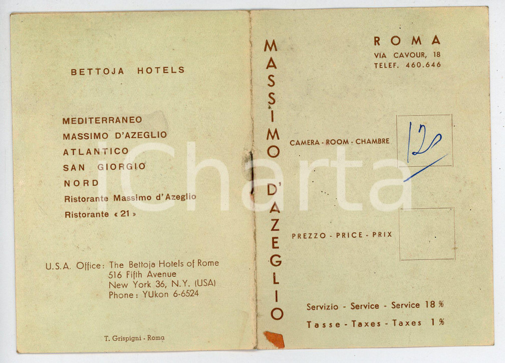Materiale pubblicitario d’epoca 1950 ca ROMA Via Cavour 18 HOTEL MASSIMO D AZEGLIO Cartoncino 1