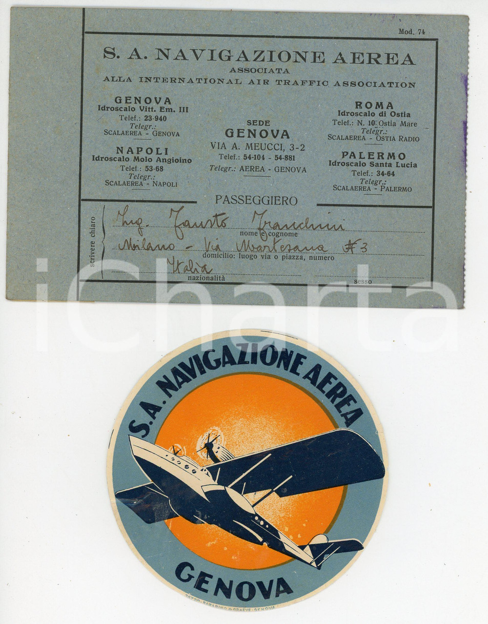 Oggetto da collezione cartaceo 1930 GENOVA  S.A. NAVIGAZIONE AEREA Lotto con adesivo e carnet ANNULLATO 1