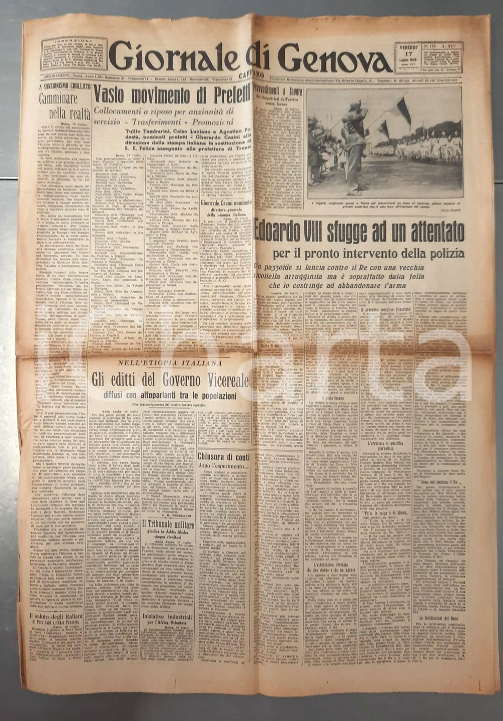 Giornale, rivista storica 1936 GIORNALE DI GENOVA Attentato a Edoardo VIII  Editti dell Etiopia italiana 1