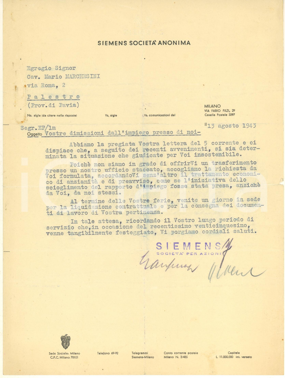 Documento originale, autentico 1943 MILANO Società SIEMENS  Lettera a un impiegato dimissionario 1