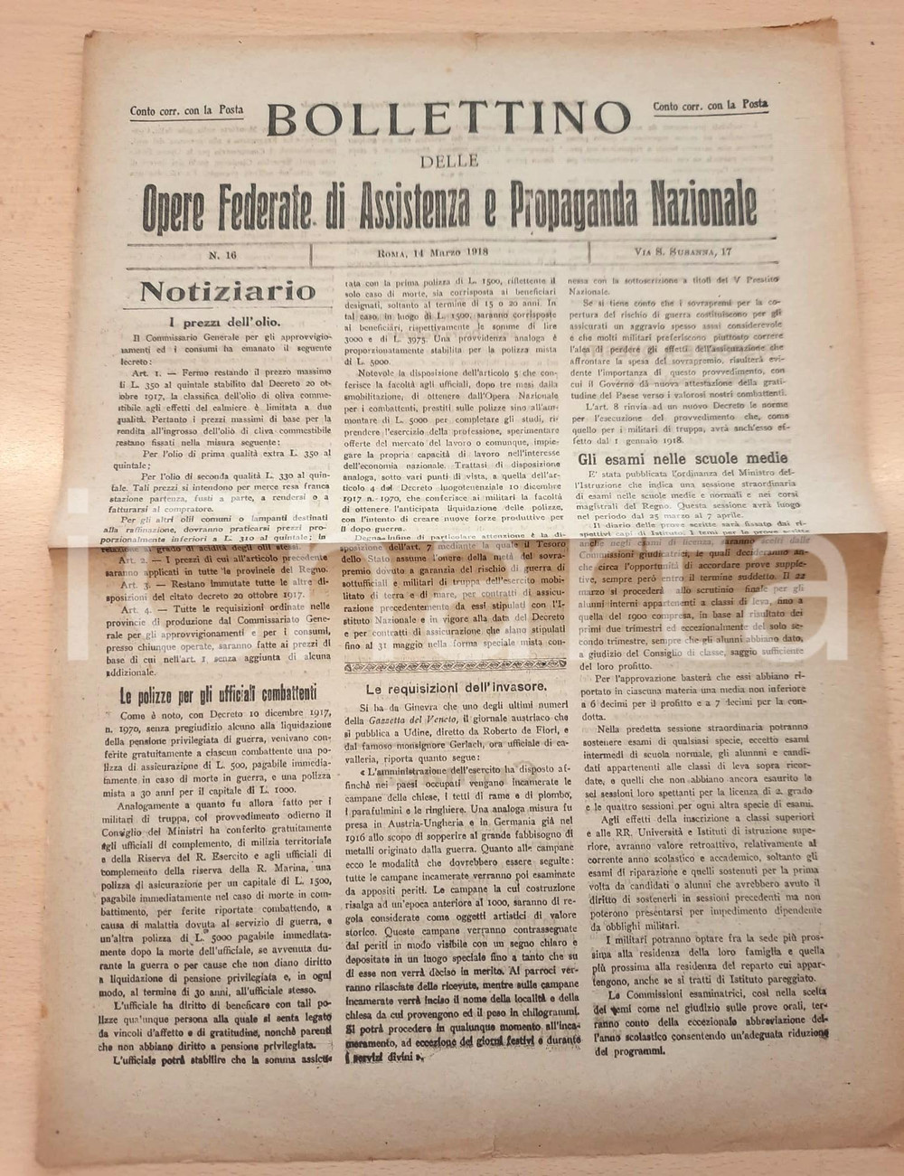 Giornale, rivista storica 1918 WW1 Bollettino Opere Assistenza e Propaganda  Prezzi olio / Requisizioni 1