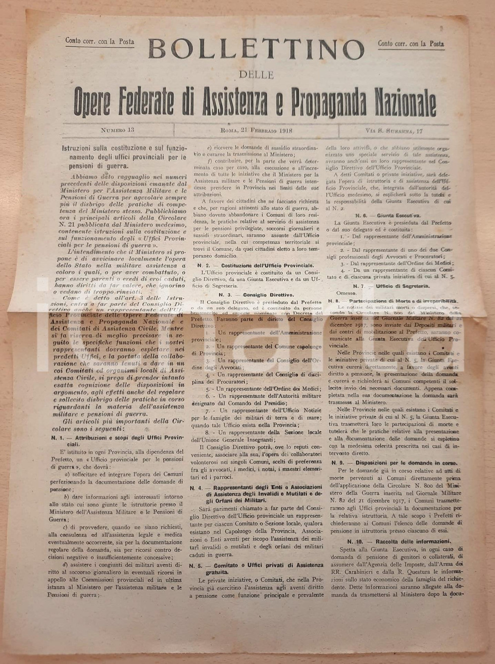 Giornale, rivista storica 1918 WW1 Bollettino Opere Assistenza e Propaganda  Uffici pensioni di guerra 1