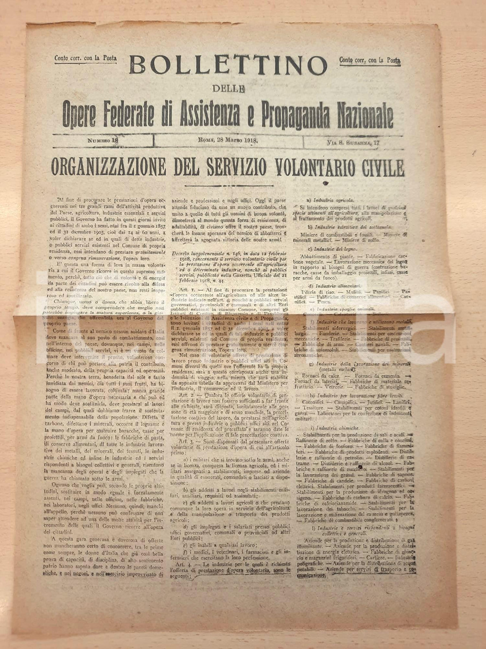 Giornale, rivista storica 1918 WW1 Bollettino Opere Assistenza e Propaganda  Servizio volontario civile 1
