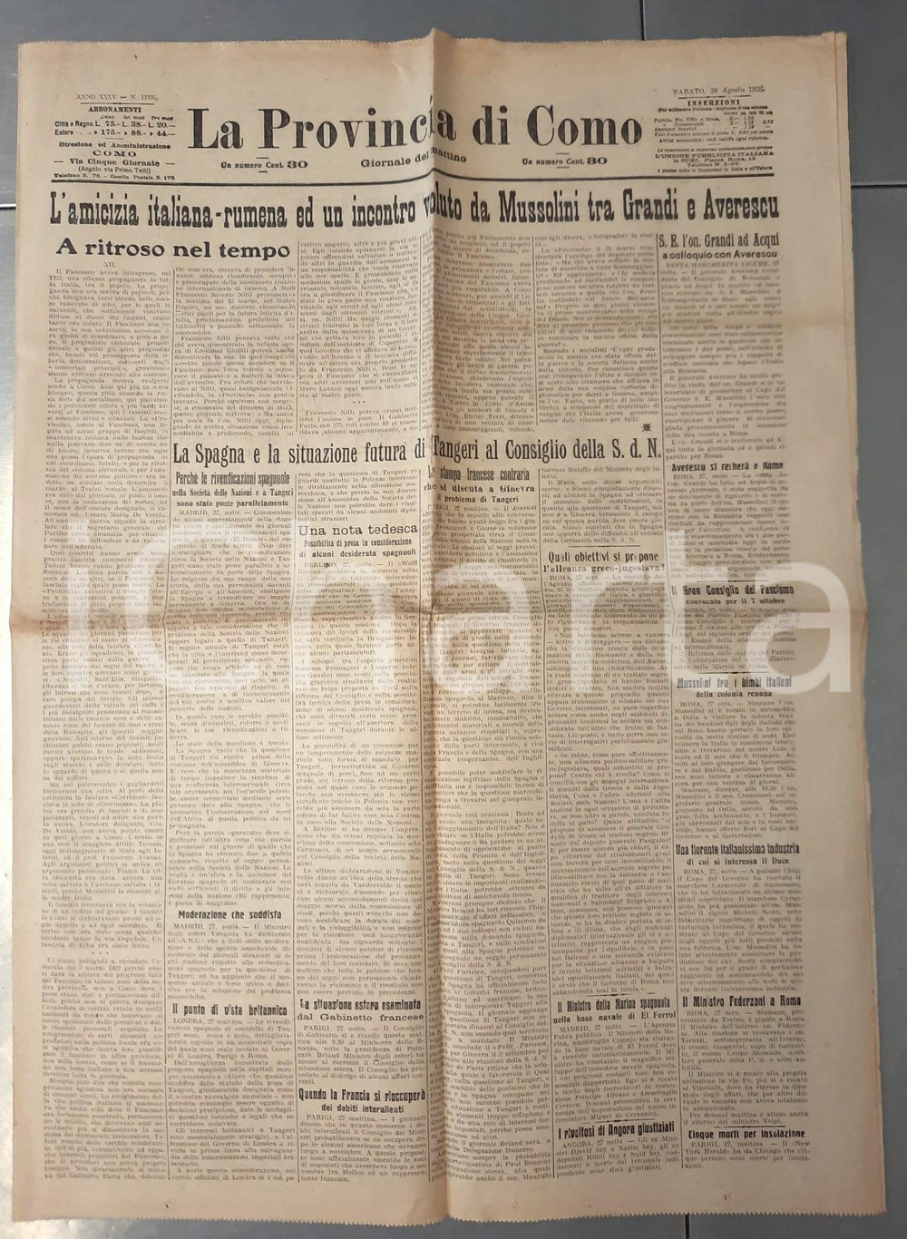 Giornale, rivista storica 1926 LA PROVINCIA DI COMO Incontro GrandiAverescu  Amicizia italorumena 1