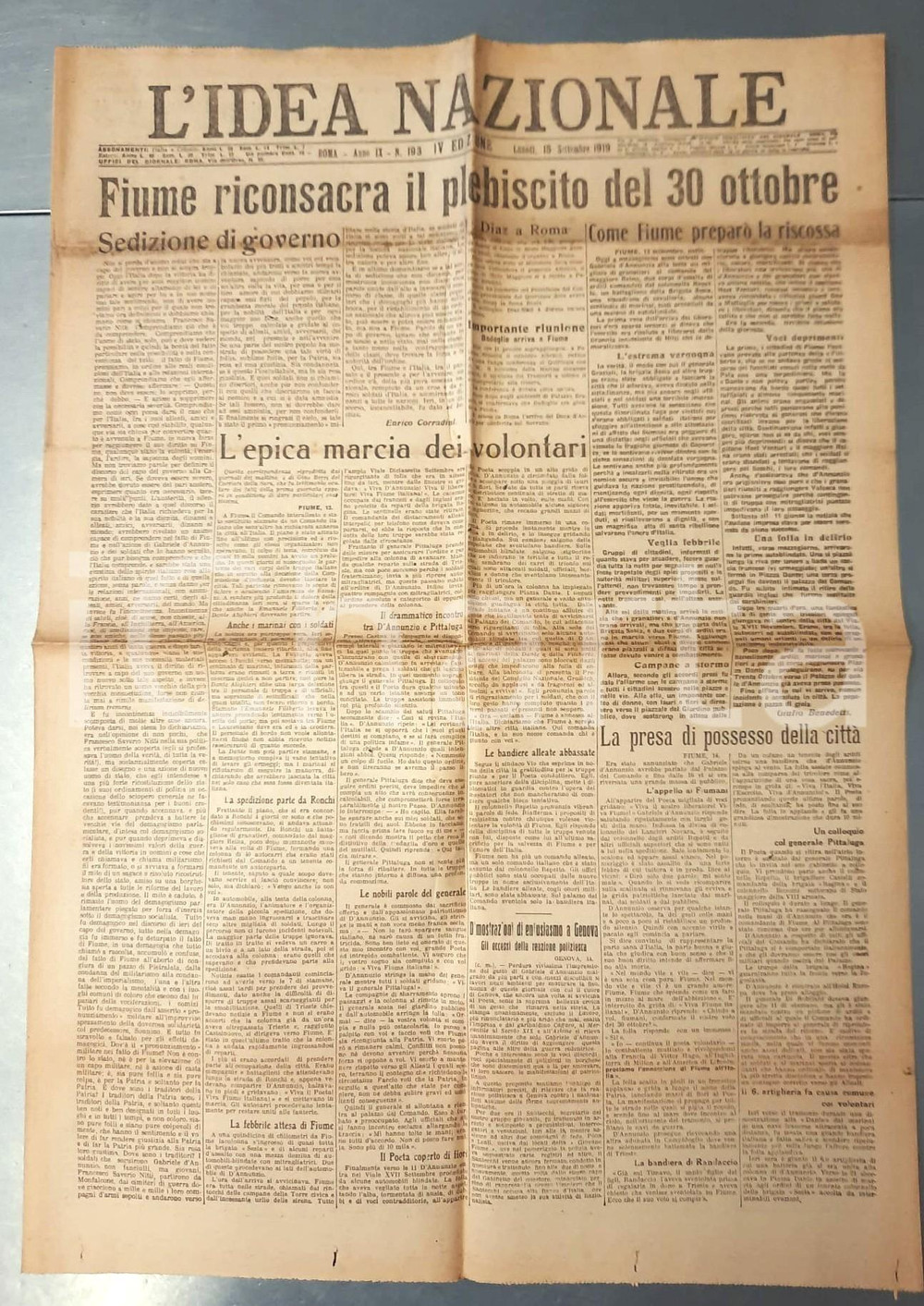 Giornale, rivista storica 1919 L IDEA NAZIONALE Fiume riconsacra il plebiscito del 30 ottobre Giornale 1