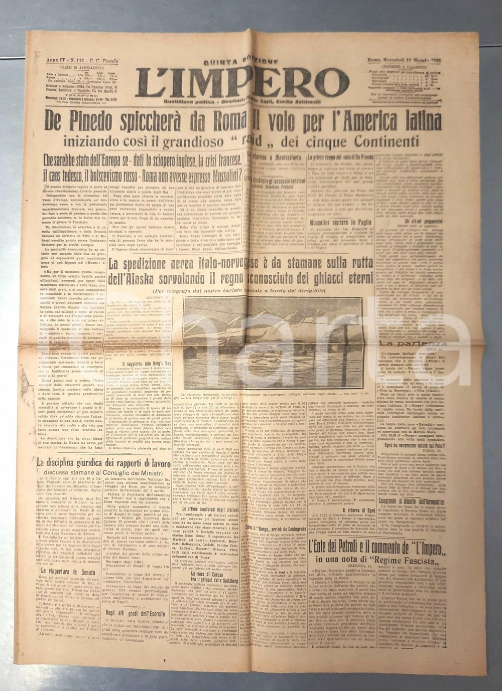 Giornale, rivista storica 1926 L IMPERO De Pinedo prepara raid mondiale  Dirigibile Norge in Alaska 1