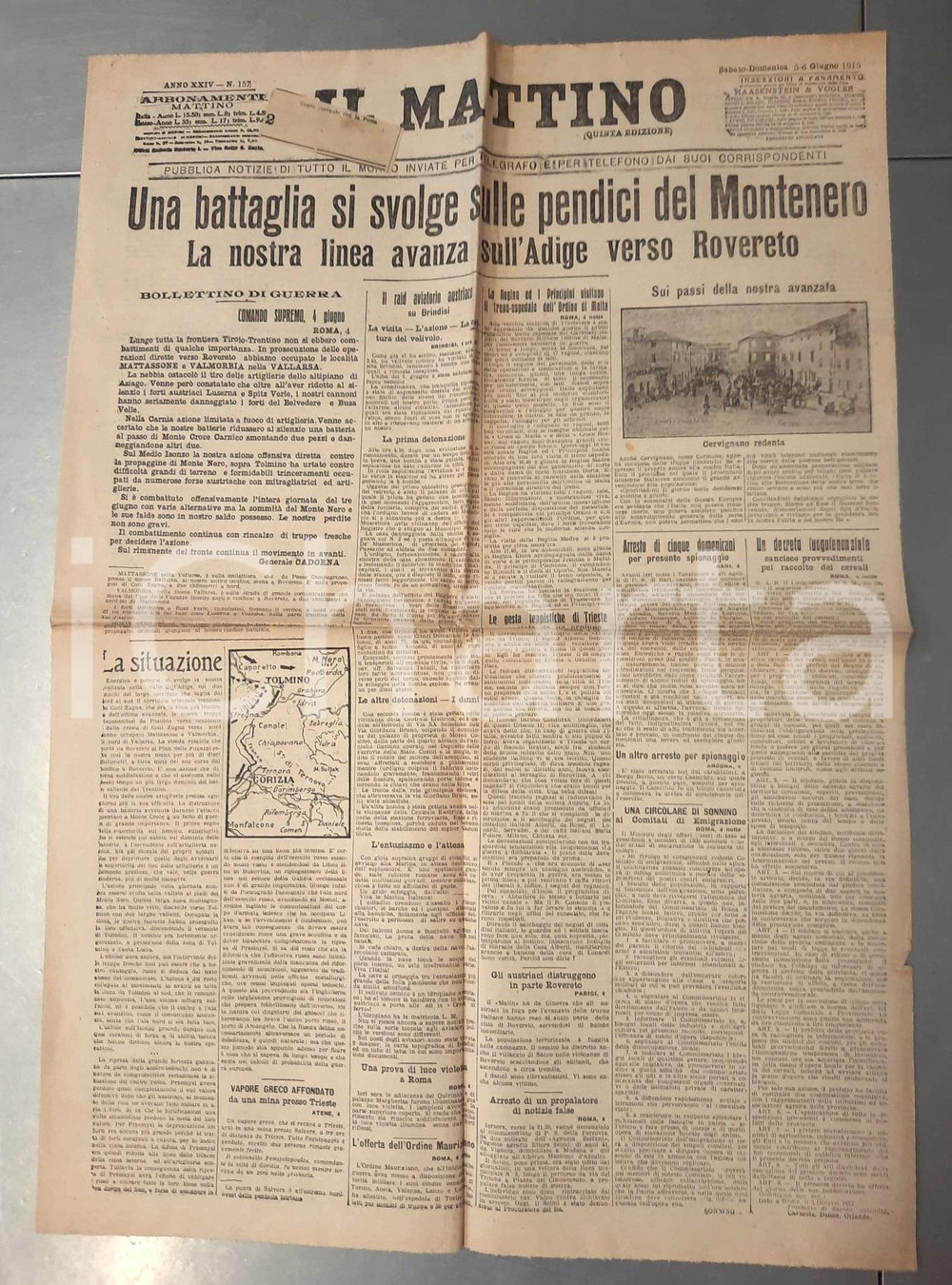 Giornale, rivista storica 1915 WW1 IL MATTINO Battaglia al Montenero  Truppe verso Rovereto Giornale 1