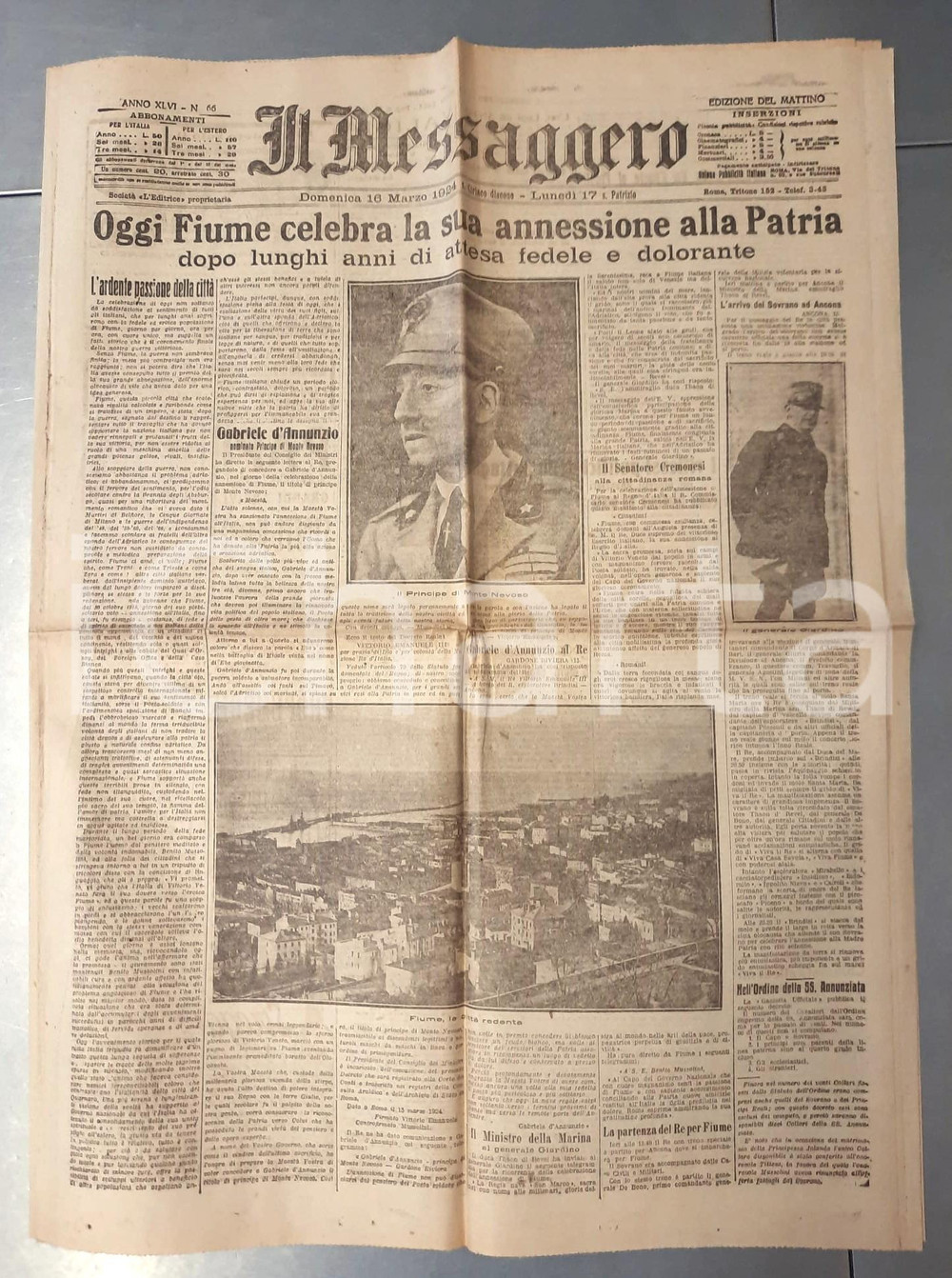 Giornale, rivista storica 1924 IL MESSAGGERO Fiume annessa alla Patria  D Annunzio principe Monte Nevoso 1