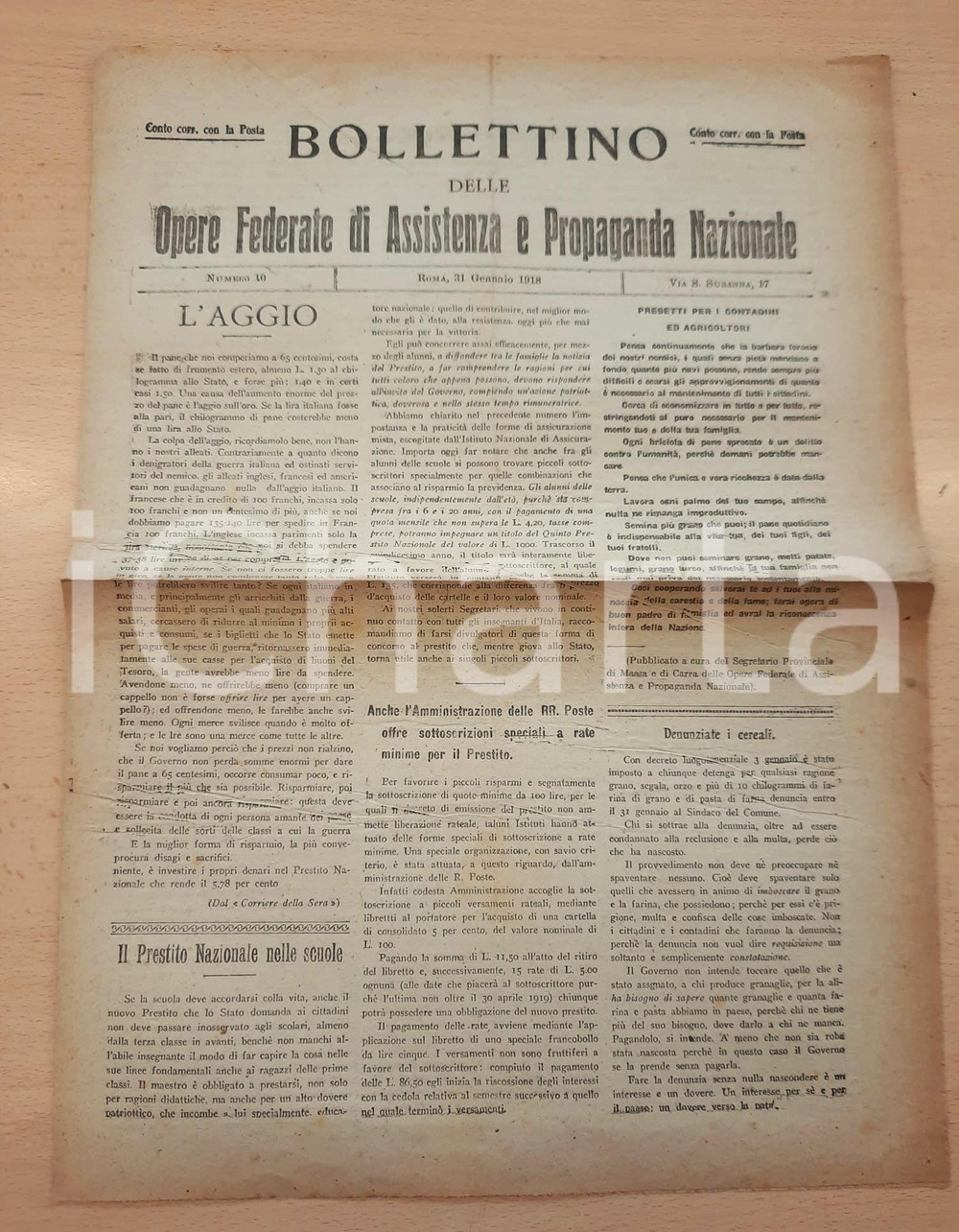 Giornale, rivista storica 1918 Bollettino Opere Assistenza Propaganda  Aggio e guerra  Denuncia cereali 1