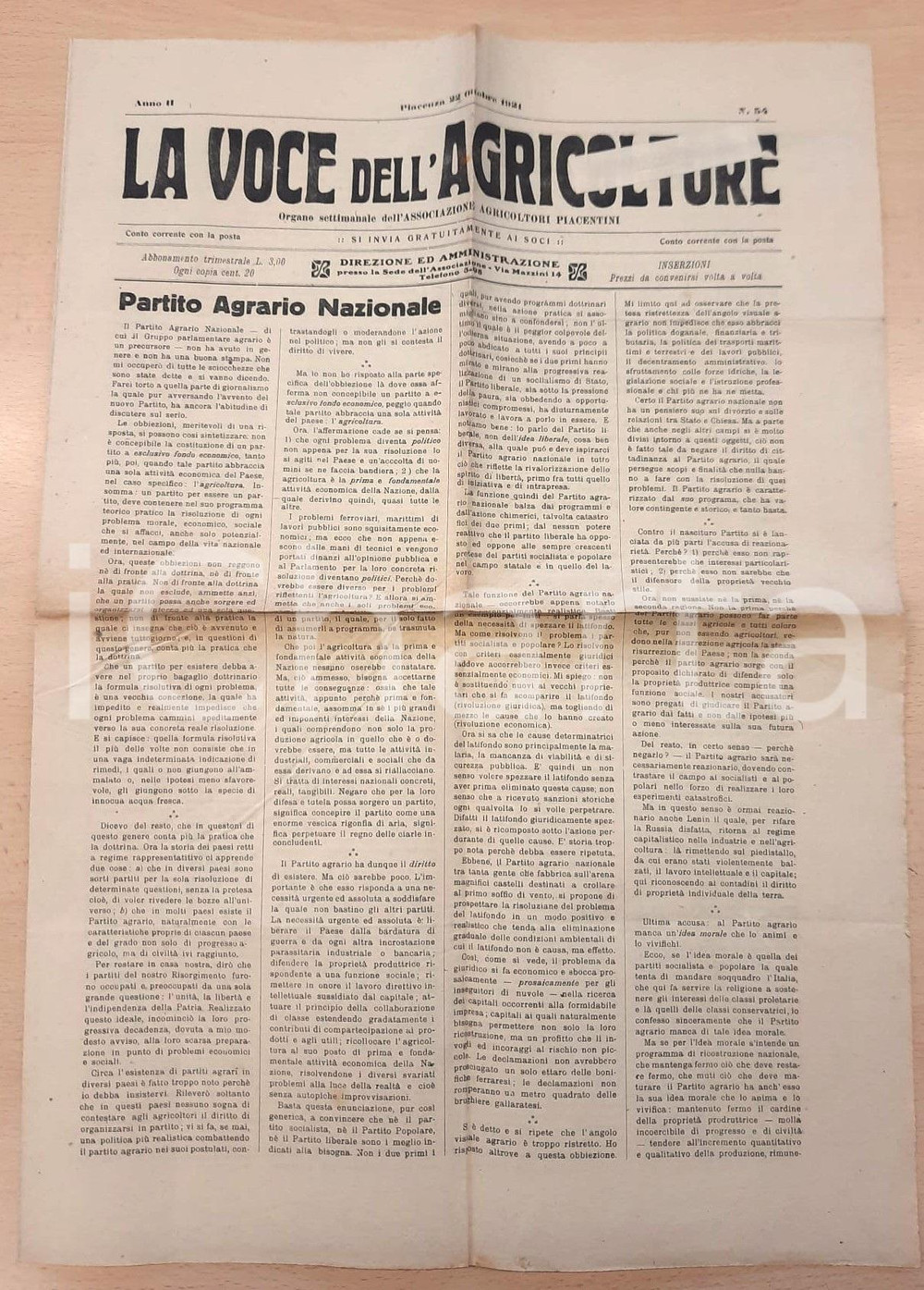 Giornale, rivista storica 1921 PIACENZA  LA VOCE DELL AGRICOLTORE Partito Agrario Nazionale Giornale 1