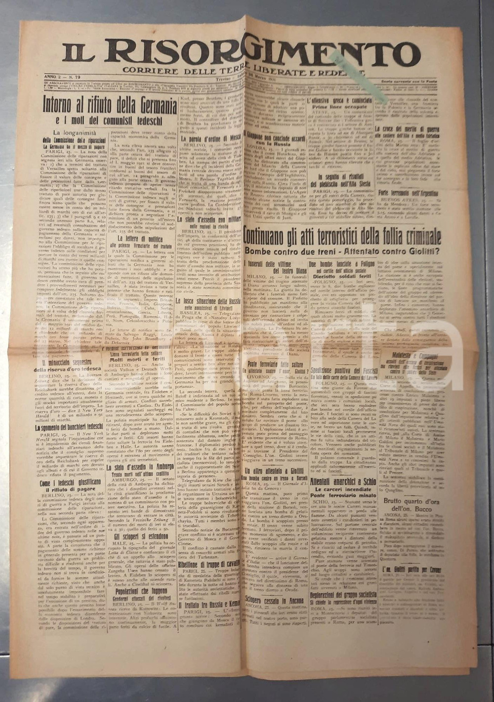 Giornale, rivista storica 1921 IL RISORGIMENTO Atti di terrorismo  Spedizioni punitive fasciste Giornale 1