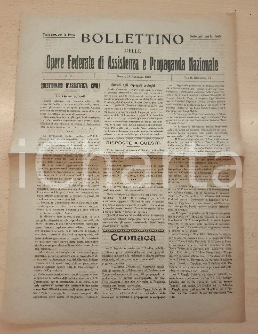 Giornale, rivista storica 1918 WW1 Bollettino Opere Assistenza Propaganda  Gli esoneri agricoli 1