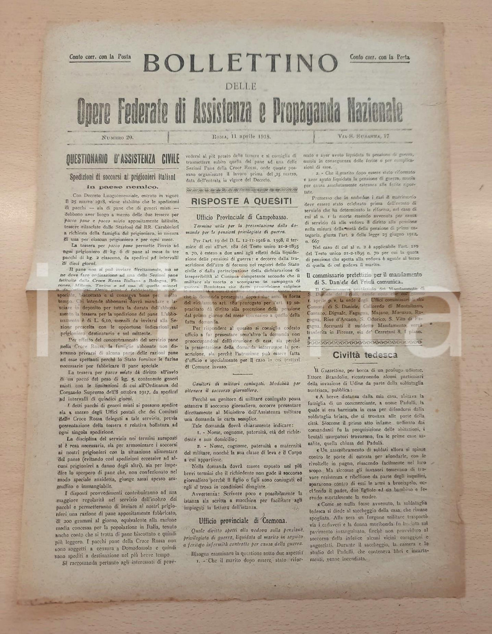 Giornale, rivista storica 1918 WW1 Bollettino Opere Assistenza Propaganda Soccorsi a prigionieri italiani 1