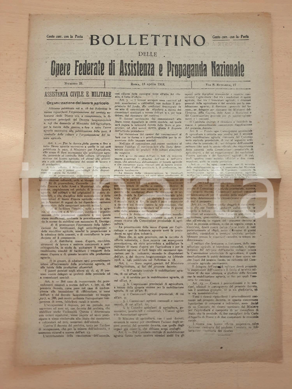 Giornale, rivista storica 1918 WW1 Bollettino Opere Assistenza Propaganda  Organizzazione lavoro agricolo 1