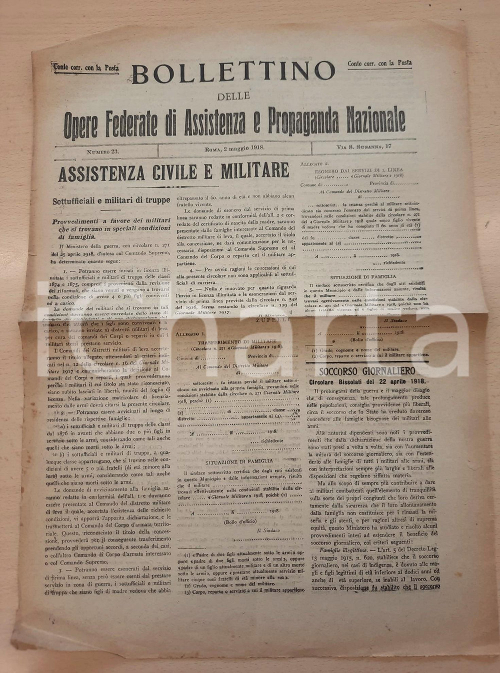 Giornale, rivista storica 1918 WW1 Bollettino Opere Assistenza  Militari con difficoltà in famiglia 1