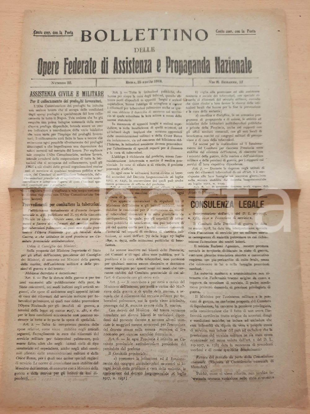 Giornale, rivista storica 1918 WW1 Bollettino Opere Assistenza Propaganda  Assistenza profughi lavoratori 1