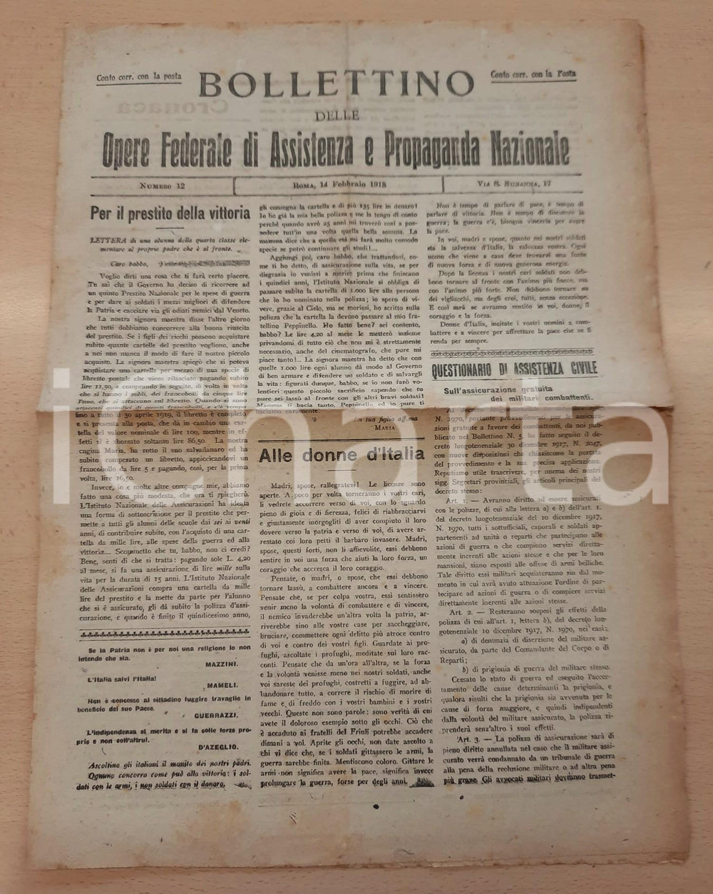 Giornale, rivista storica 1918 WW1 Bollettino Opere Assistenza  Licenze agrarie e assicurazioni gratuite 1