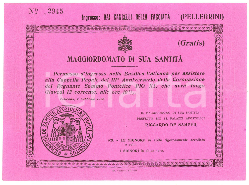 Oggetto da collezione cartaceo 1925 VATICANO III Anniversario coronazione PIO XI  Permesso ingresso pellegrini 1