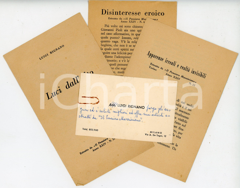 Libro, pubblicazione d epoca 1960 ca Luigi RIGNANO Lotto di 3 opuscoli con biglietto AUTOGRAFO 1