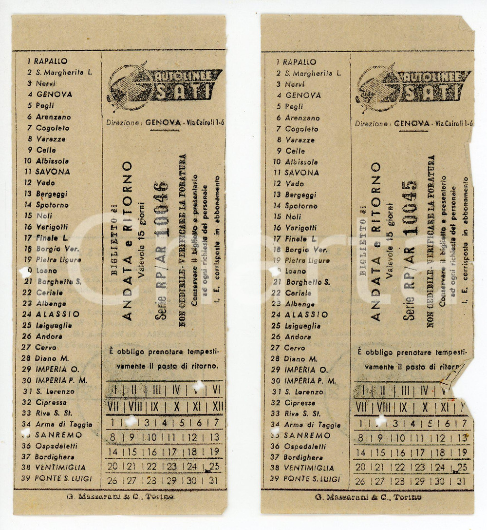 Oggetto da collezione cartaceo 1940 ca GENOVA Autolinee SATI Linea RAPALLO  PONTE SAN LUIGI Lotto 2 biglietti 1