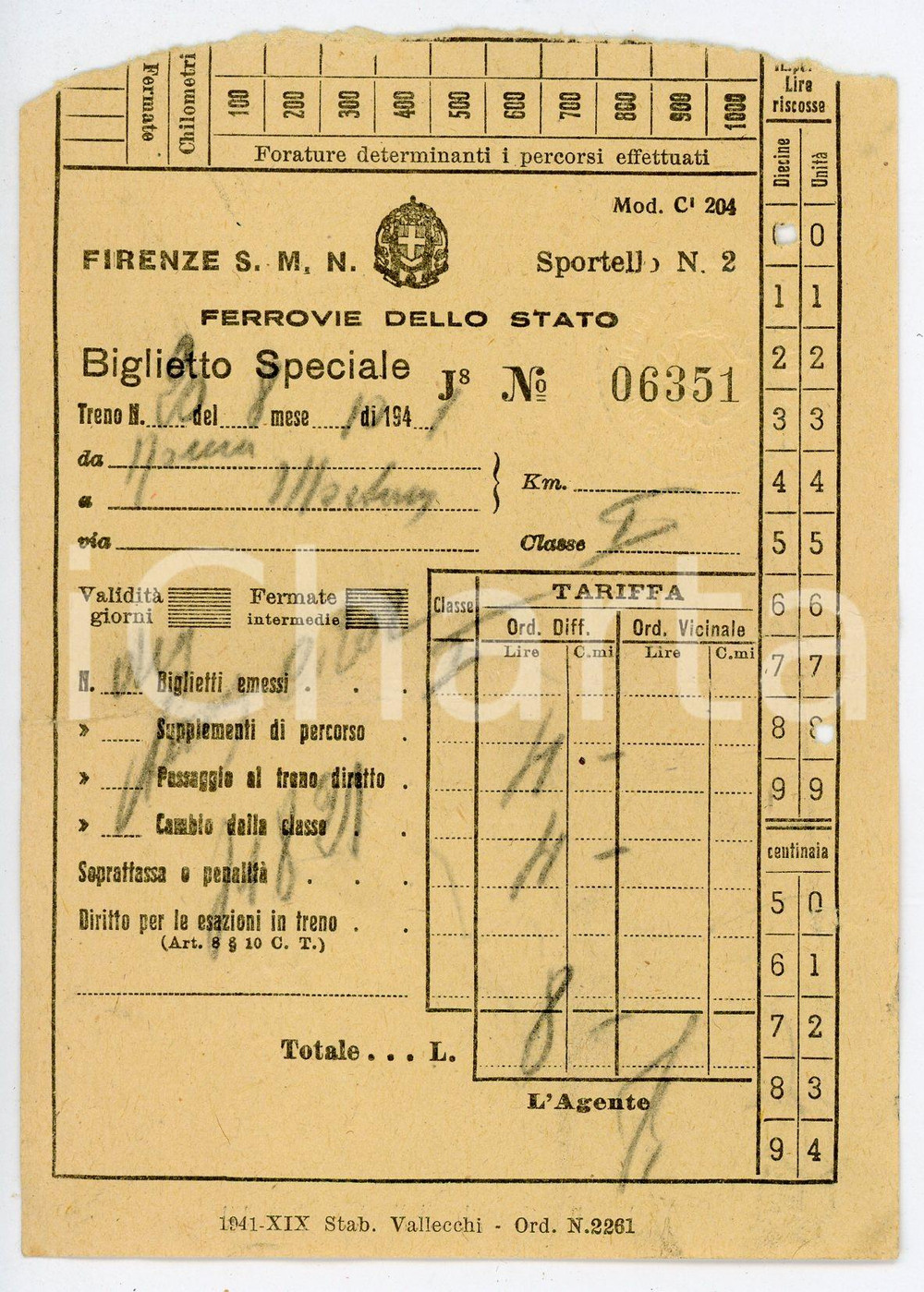 Oggetto da collezione cartaceo 1941 FERROVIE DELLO STATO Firenze Santa Maria Novella  Biglietto speciale 1
