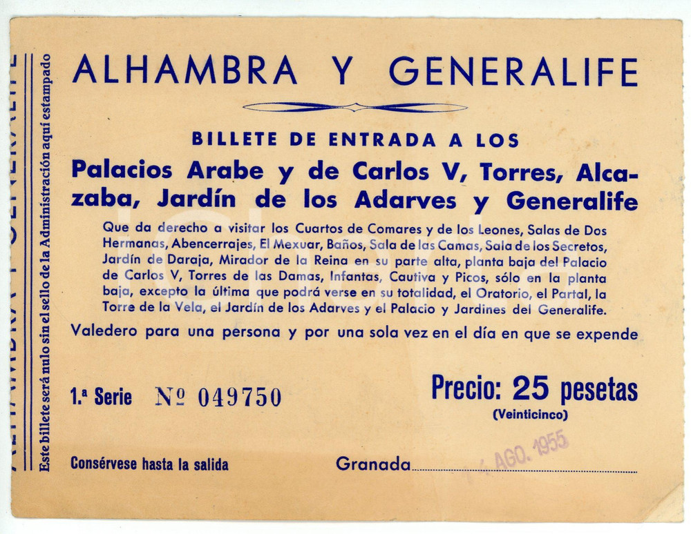 Oggetto da collezione cartaceo 1955 GRANADA Alhambra y Generalife  Billete de entrada 16x12 cm 1 1