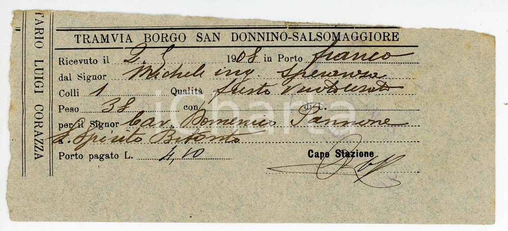 Oggetto da collezione cartaceo 1908 BORGO SAN DONNINO  SALSOMAGGIORE Tramvia a vapore  Ricevuta consegna 2 1