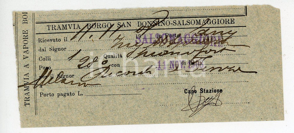 Oggetto da collezione cartaceo 1908 BORGO SAN DONNINO  SALSOMAGGIORE Tramvia a vapore  Ricevuta consegna 1 1