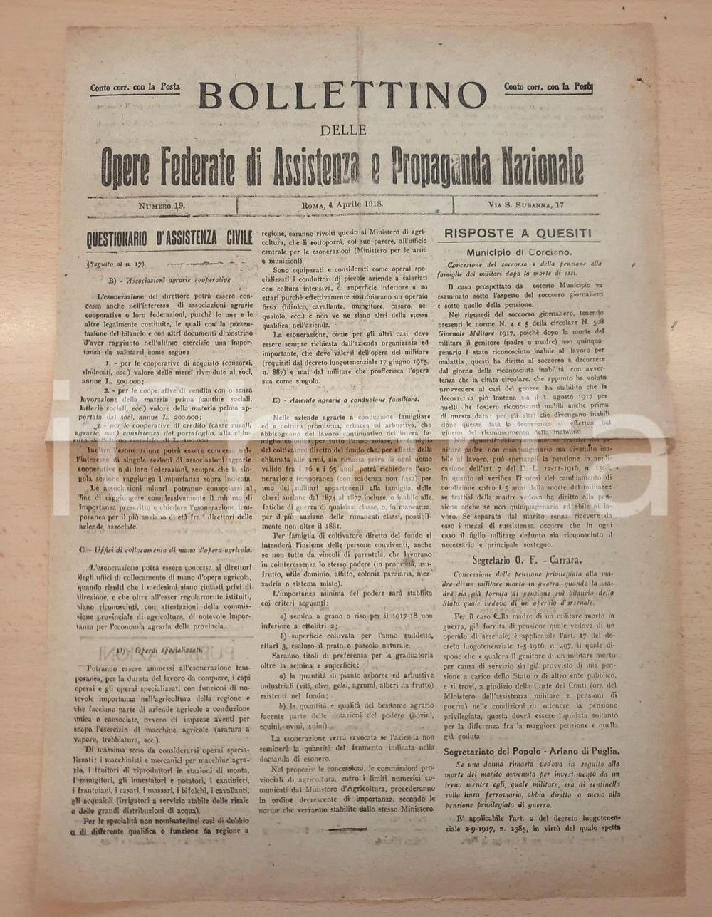 Giornale, rivista storica 1918 WW1 Bollettino Opere Assistenza  Esoneri militari aziende agricole 1