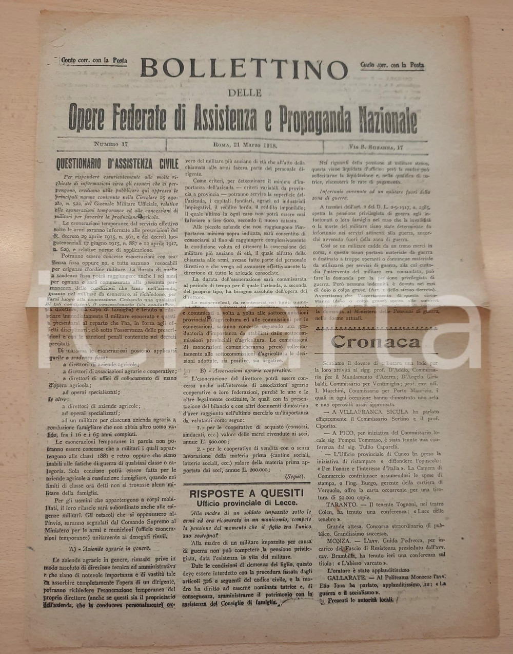 Giornale, rivista storica 1918 WW1 Bollettino Opere Assistenza  Esoneri ai militari per ragioni agricole 1