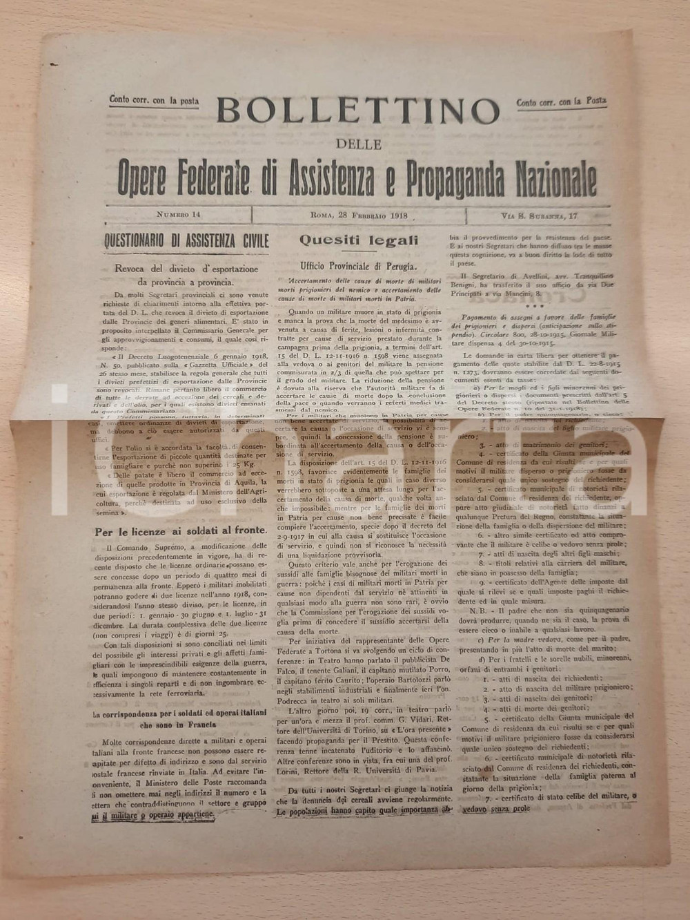 Giornale, rivista storica 1918 WW1 Bollettino Opere Assistenza  Accertamento cause di morte dei militari 1