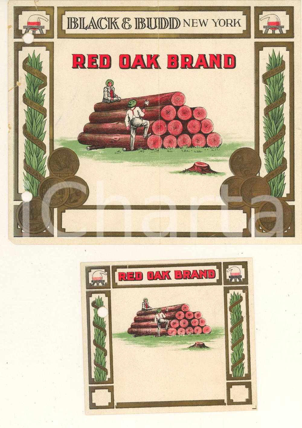 Materiale pubblicitario d’epoca 1950 ca NEW YORK  Black & Budd  RED OAK BRAND  Lotto 2 etichette per sigari 1