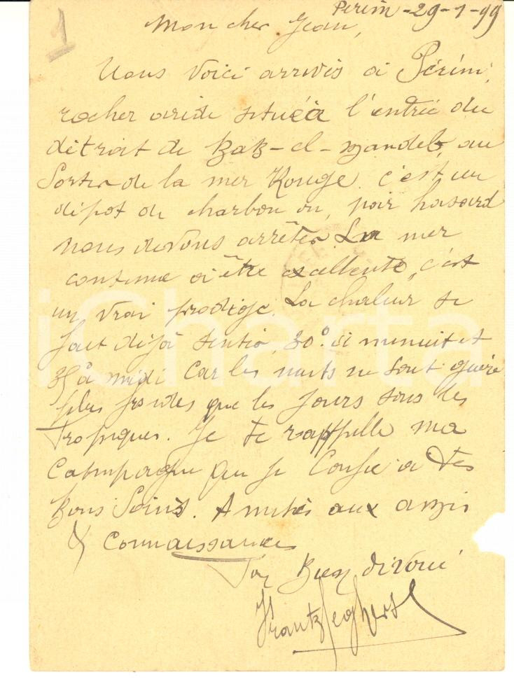 Autografo originale 1899 PERIM BRITISH INDIA, YEMEN Cartolina pittore Franz SEGHERS  Autografo 1