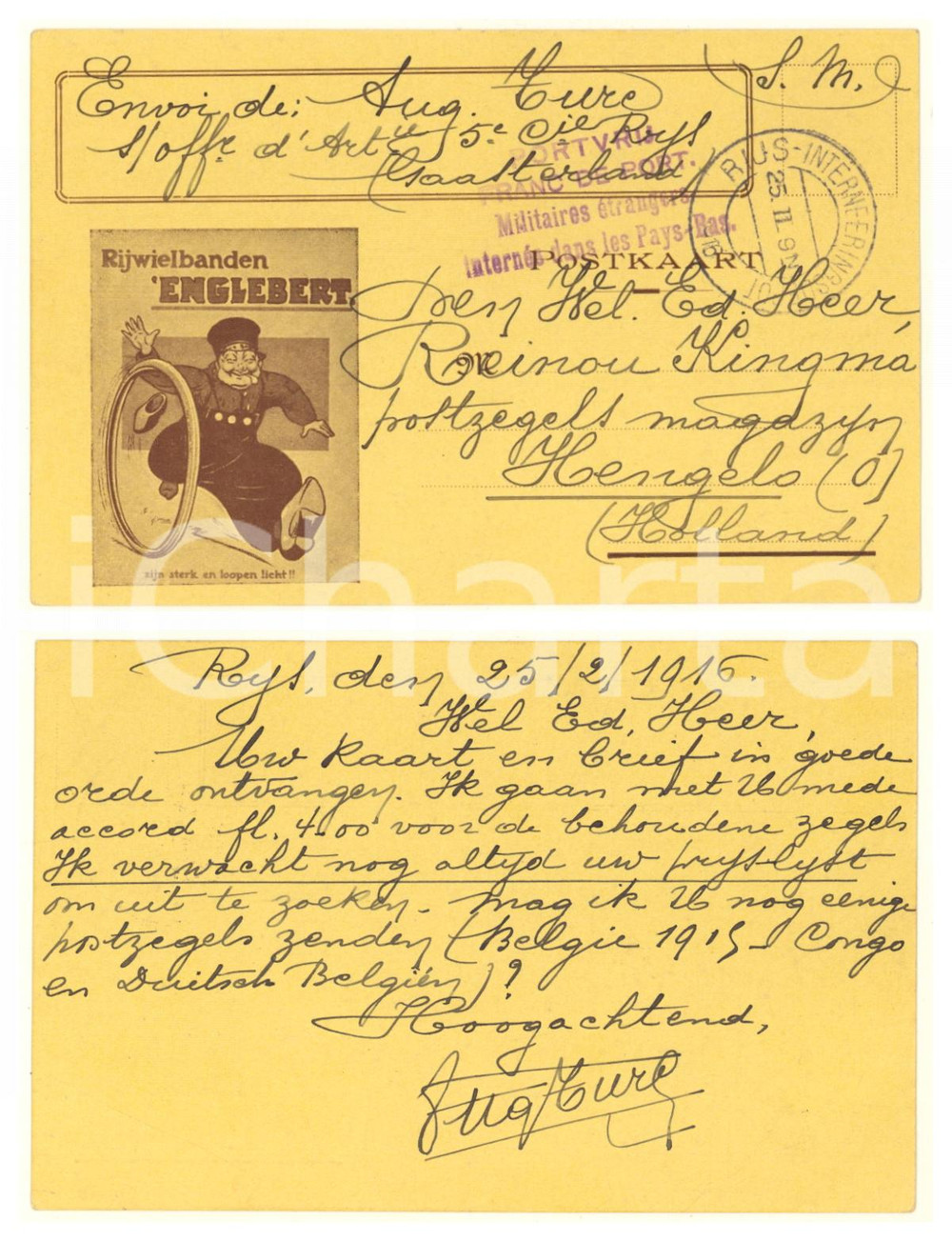 Materiale pubblicitario d’epoca 1916 WWW Rijwielbanden ENGLEBERT  RARE postcard RIJS Interneringsdepot 1