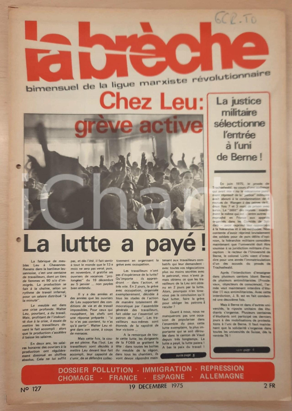 Giornale, rivista storica 1975 LA BRÈCHE Lutte à la fabrique LEU à ChavannesRenens LIGUE MARXISTE 1