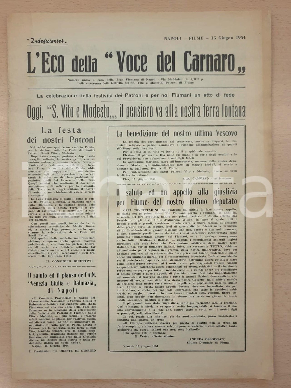 Giornale, rivista storica 1954 NAPOLI  L ECO DELLA VOCE DEL CARNARO  S. Vito e Modesto Numero unico 1