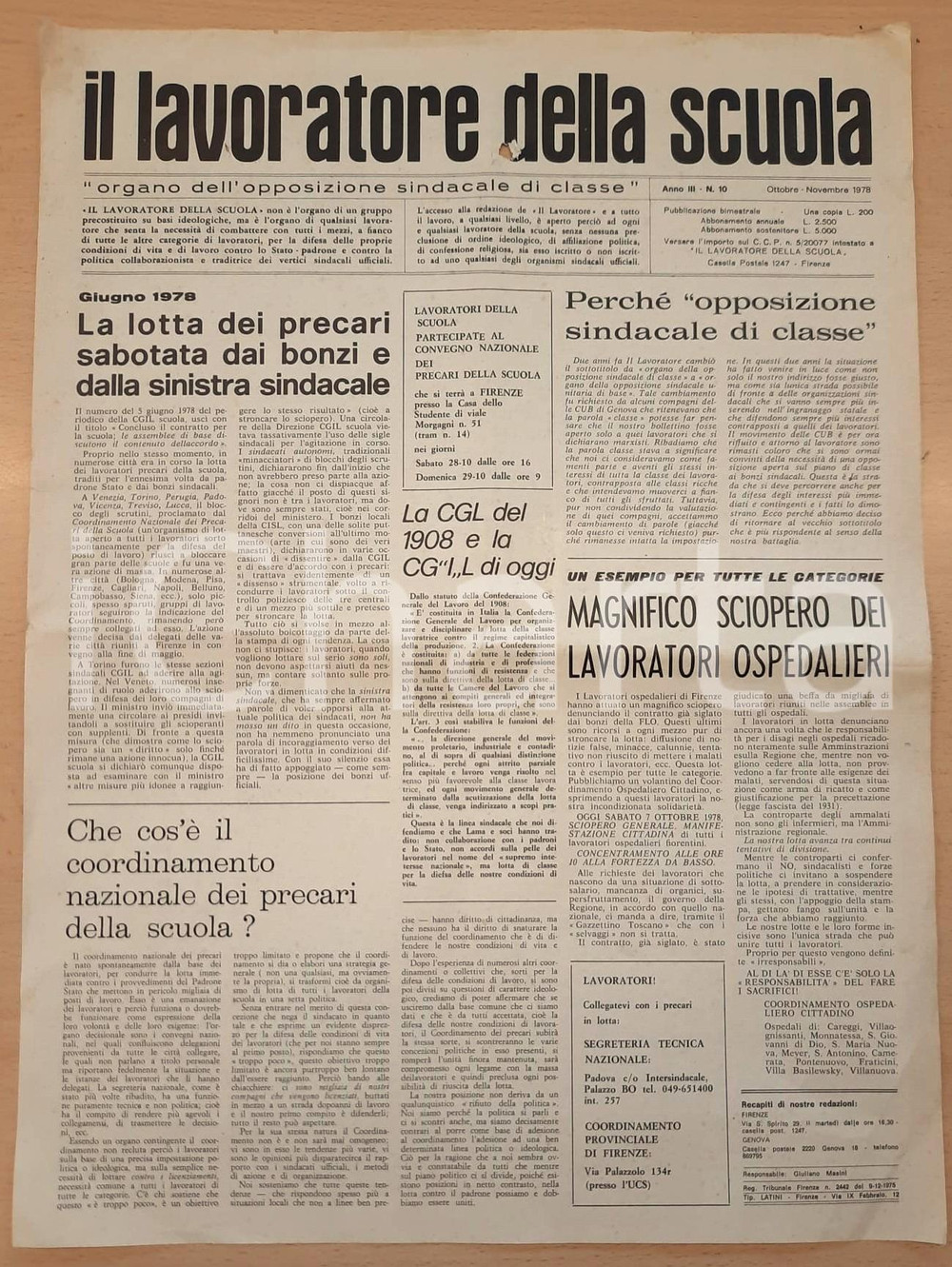 Giornale, rivista storica 1978 IL LAVORATORE DELLA SCUOLA Lotta dei precari  Sciopero ospedalieri 3 1