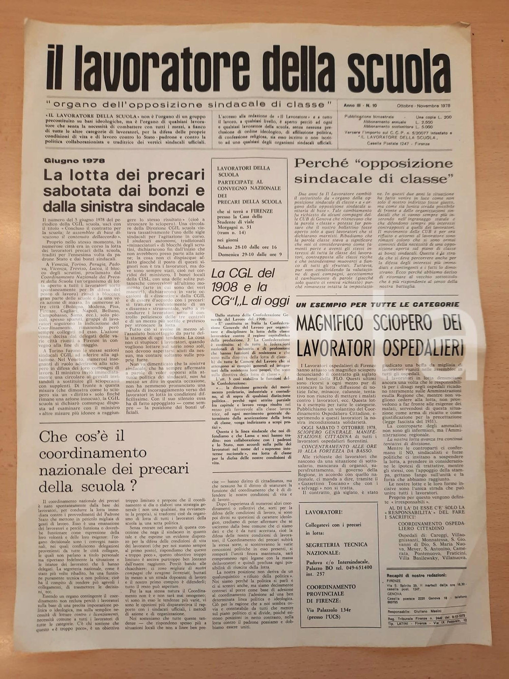Giornale, rivista storica 1978 IL LAVORATORE DELLA SCUOLA Lotta dei precari  Sciopero ospedalieri 2 1