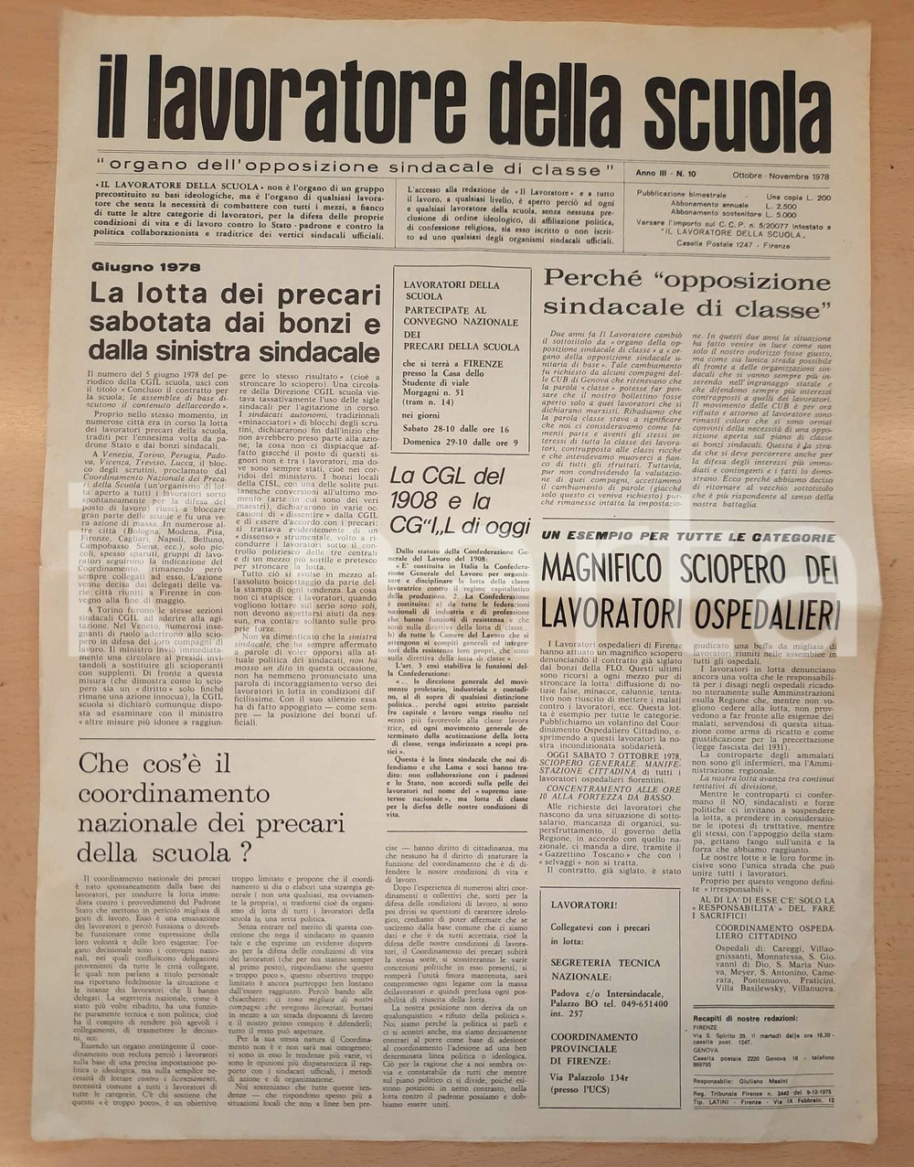 Giornale, rivista storica 1978 IL LAVORATORE DELLA SCUOLA Lotta dei precari  Sciopero ospedalieri 1 1