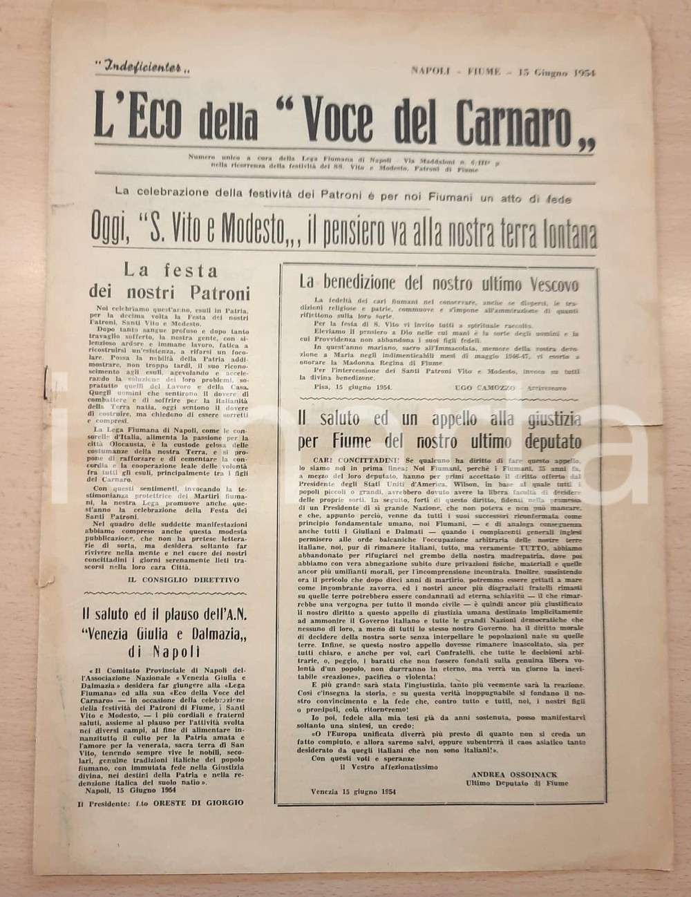 Giornale, rivista storica 1954 NAPOLI  L ECO DELLA VOCE DEL CARNARO  S. Vito e Modesto Numero unico 1
