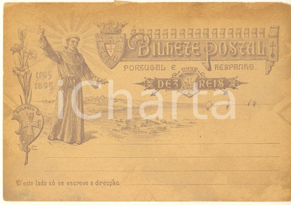 Cartolina originale da collezione 1895 PORTUGAL Sant Antonio da Padova  700 anni Bilhete postal 3 reis 1