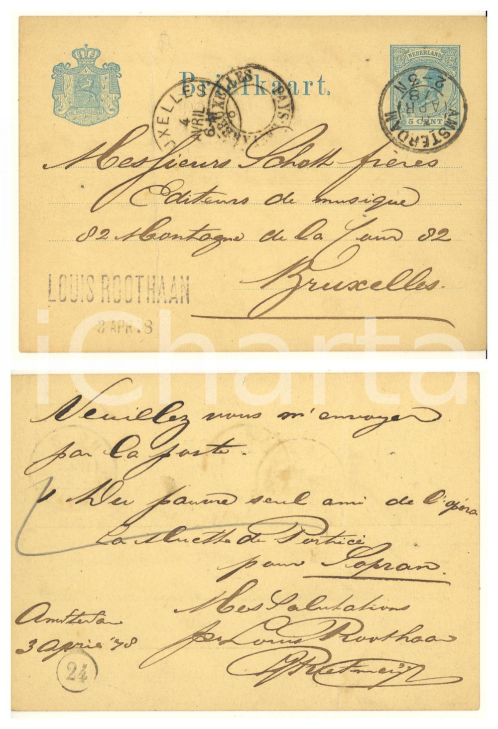 Autografo originale 1878 AMSTERDAM Louis ROOTHAAN tenore chiede La muette de Portici  AUTOGRAFO 1