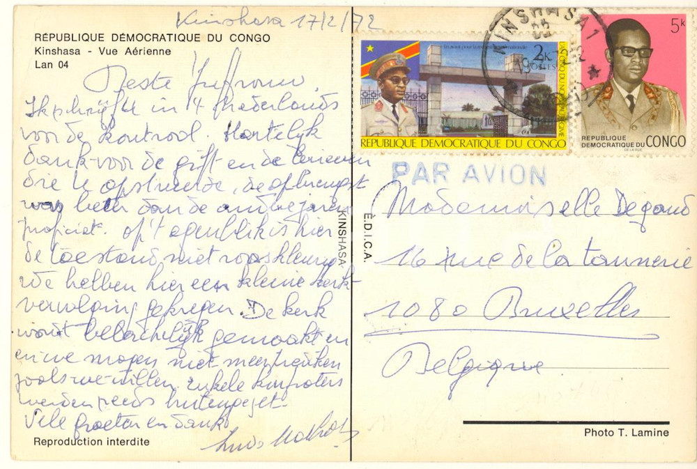 Autografo originale 1972 KINSHASA CONGO Abbé Ludo MATHOT  Costruzione della chiesa Autografo 1
