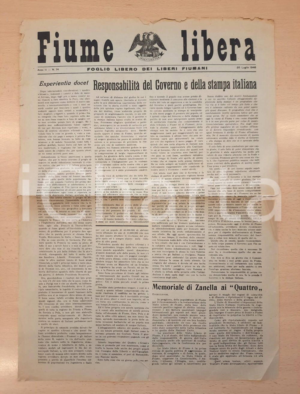 Giornale, rivista storica 1946 FIUME LIBERA Responsabilità del governo e della stampa italiana Giornale 1