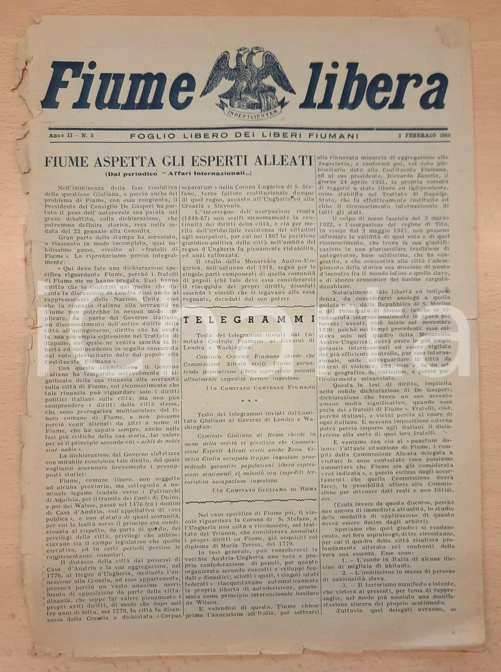 Giornale, rivista storica 1946 FIUME LIBERA Fiume aspetta gli esperti alleati  Italiani condannati 1