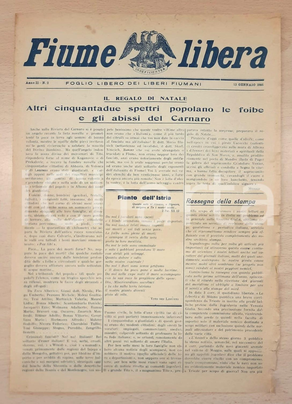 Giornale, rivista storica 1946 FIUME LIBERA 52 Italiani nelle foibe e negli abissi del Carnaro Giornale 1